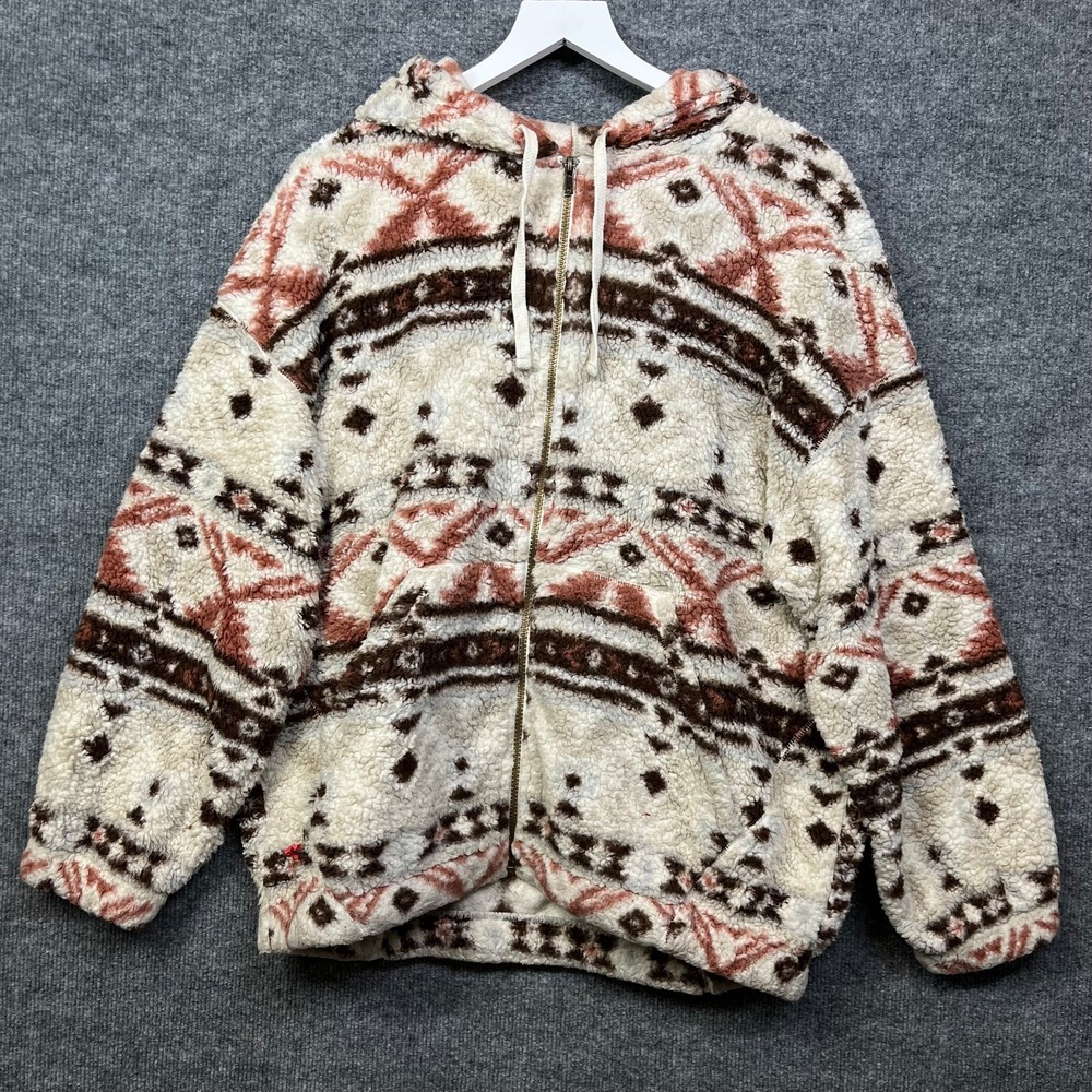 Arizona Jean Co Sherpa Hoodie Jacket Men's Cream Aztec Southwestern Full Zip - L
